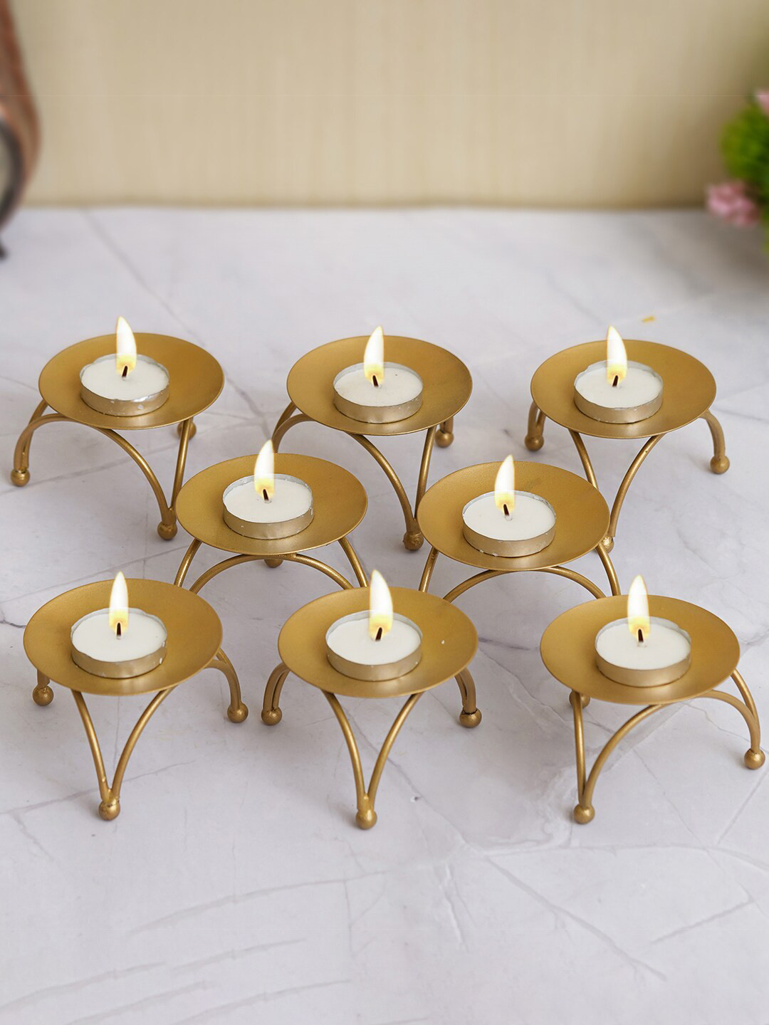 eCraftIndia 8 Pieces Gold-Toned Decorative Metal Tea Light Candle Holder Stand