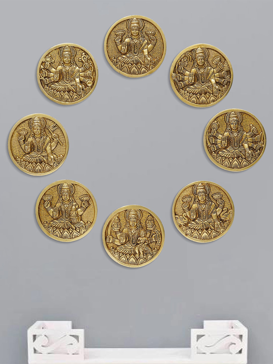 eCraftIndia Round Shape Astha Lakshmi Brass Glossy 8Pcs Spiritual Wall Decor-3.9In