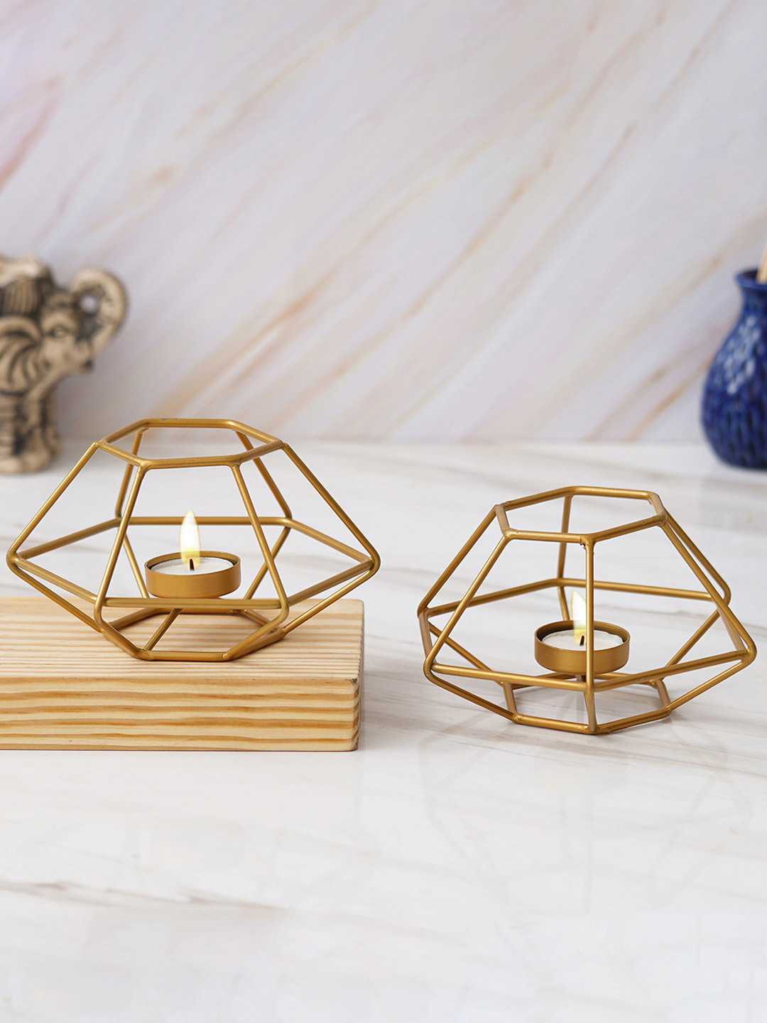 eCraftIndia Gold Toned 2 Pieces Hexagon Shaped Candle Holders