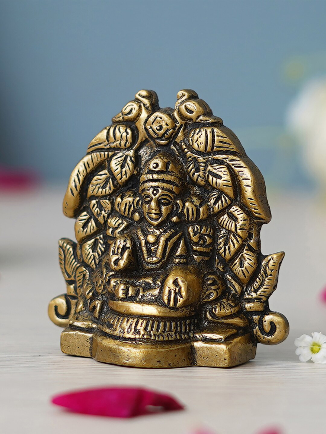 eCraftIndia Goddess Lakshmi On Peacock Gold Metal Metallic Prayer Room Medium Showpiece - 2.4 Inches
