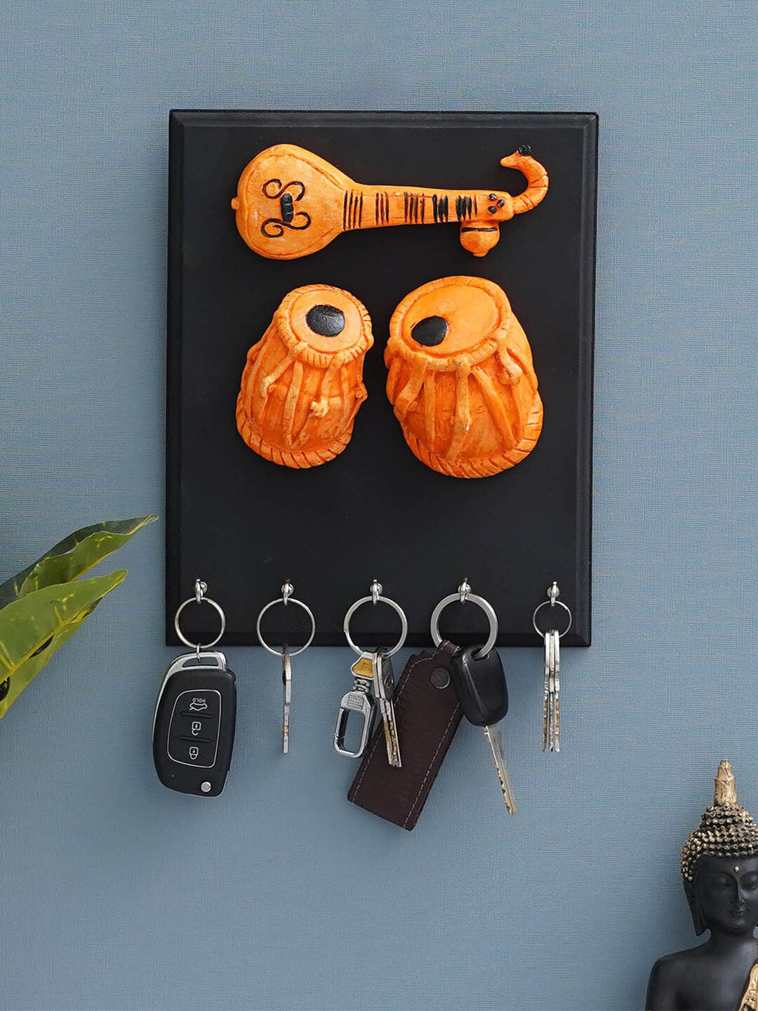 eCraftIndia Black Veena & Tabla Musical Instrument 5 Hooks Wooden Key Holder