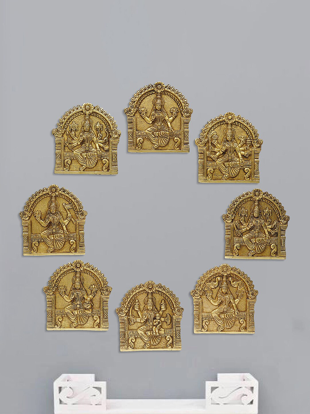 eCraftIndia High-Quality Brass Ethnic Motifs Glossy Hall 8Pcs Spiritual Wall Decor-5.7In