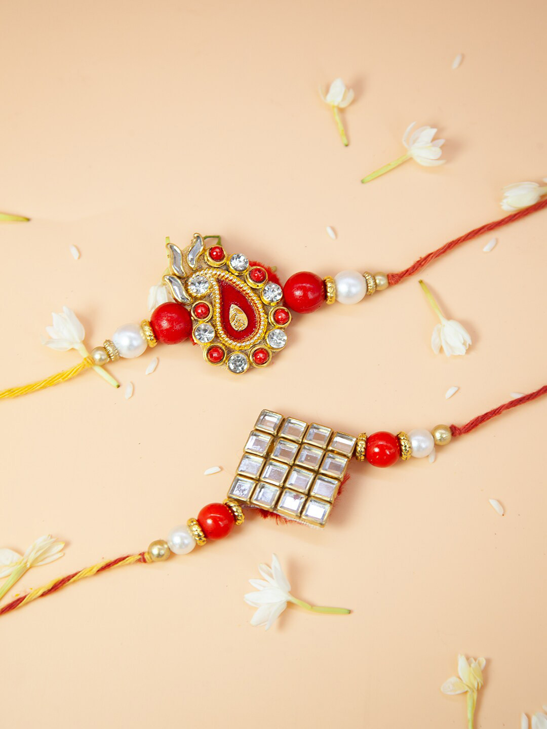 Fida Set Of 2 Artificial Stone-Studded & Beaded Rakhi with Roli Chawal