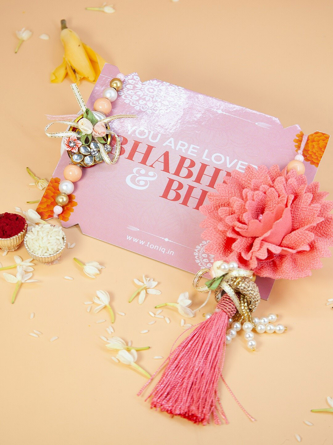 Fida Designer Set of 2 Handmade Tassel Floral Pearl Lumba Rakhi with Roli Chawal