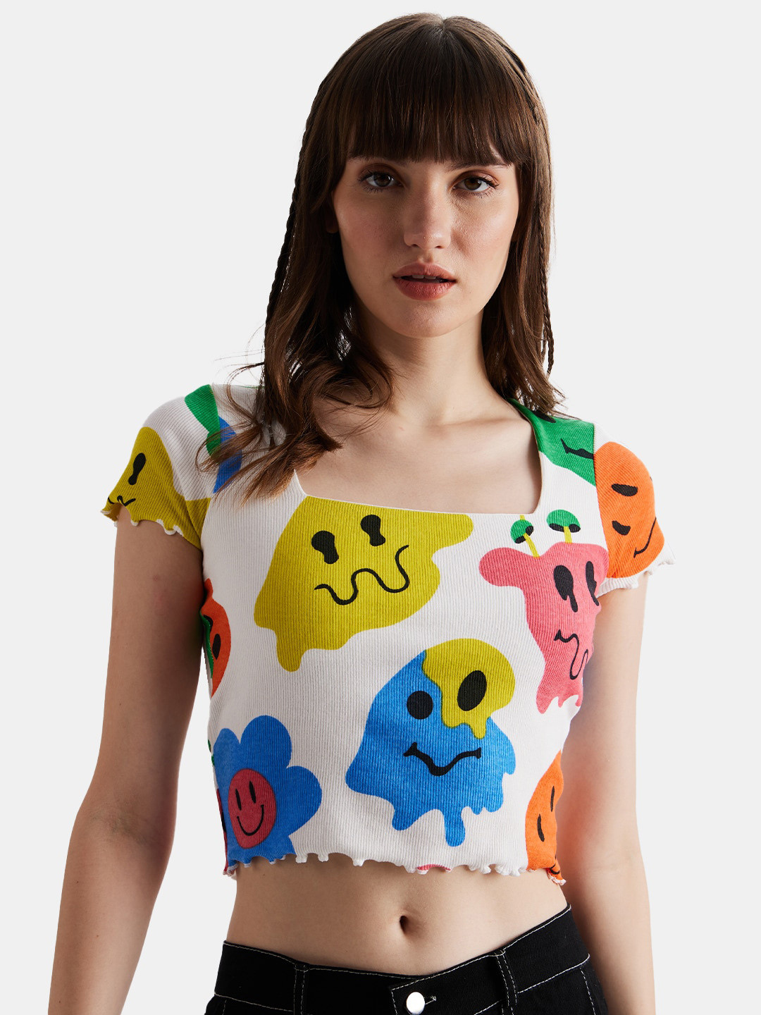 The Souled Store White Graphic Printed Pure Cotton Crop T-shirt