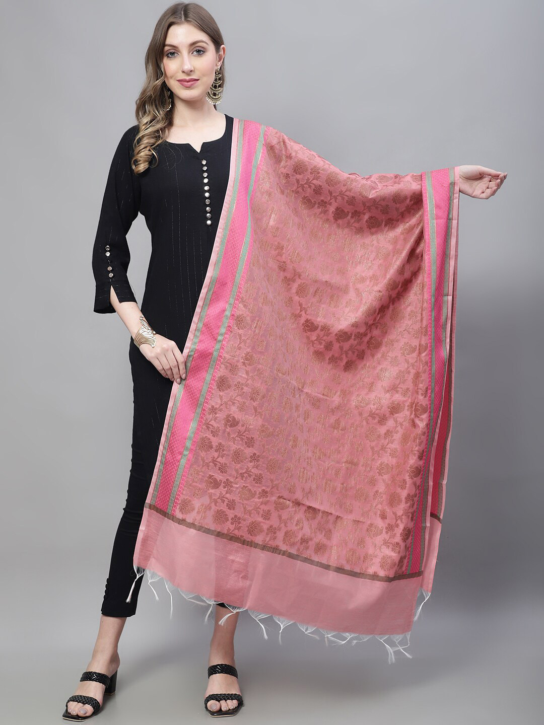 LOOM LEGACY Woven Design Jacquard Cotton Silk Tasselled Dupatta with Zari