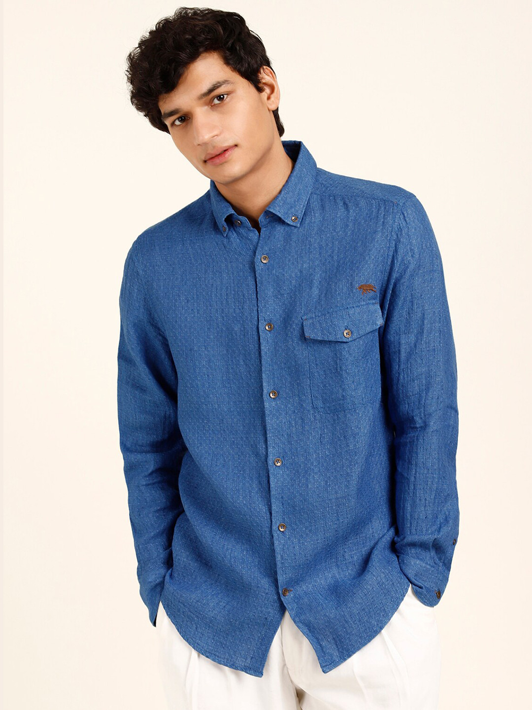 Andamen Men Delave Mediterranean Indigo Linen Shirt