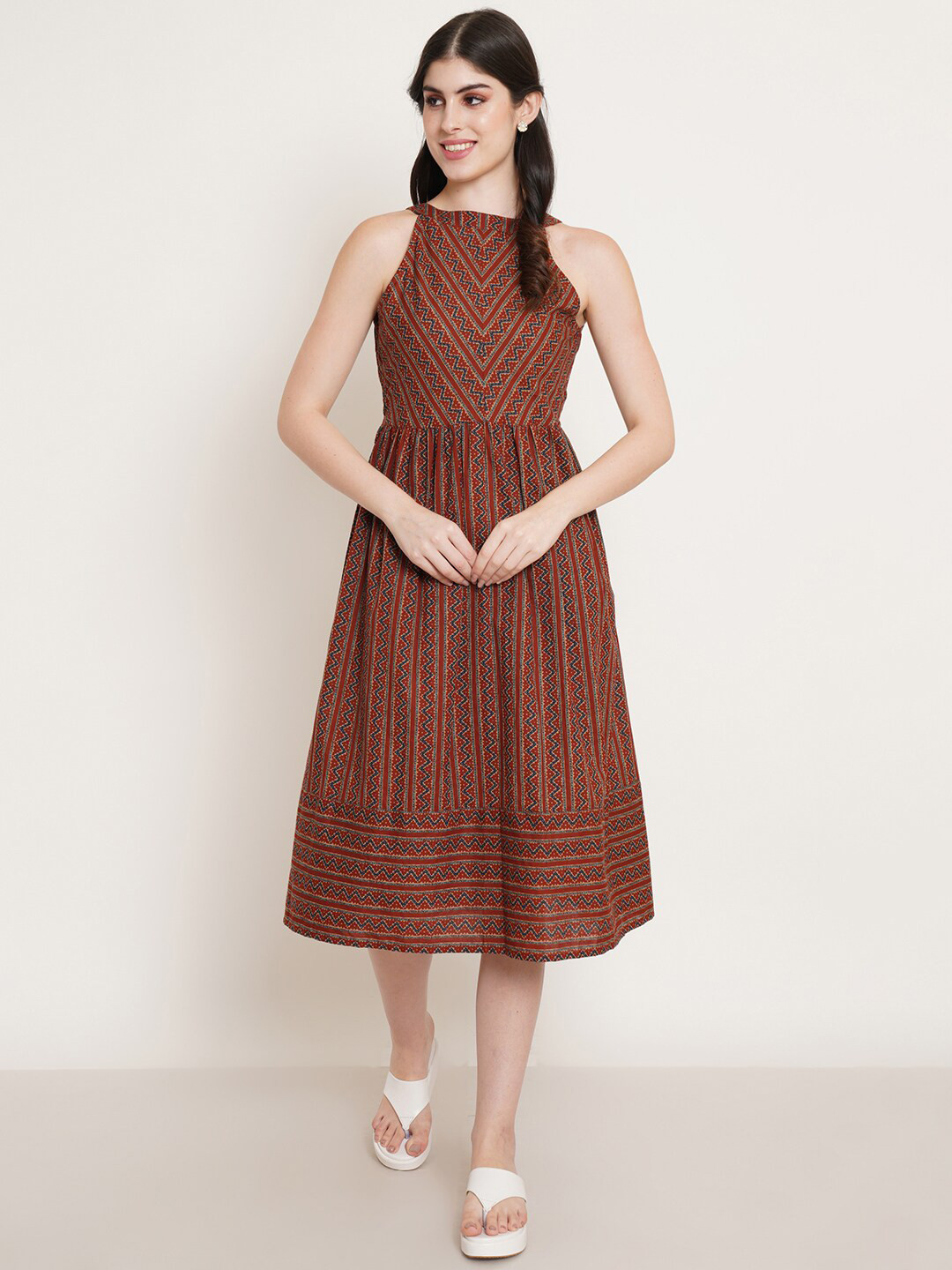 FABRIC FITOOR Geometric Printed Cotton A-Line Dress