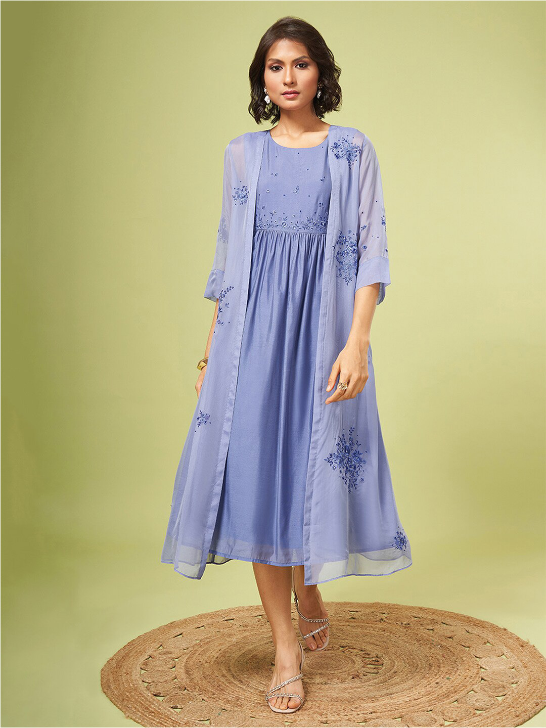 Marigold Lane Solid Fit & Flare Midi  Ethnic Dress With Shrug And Stole
