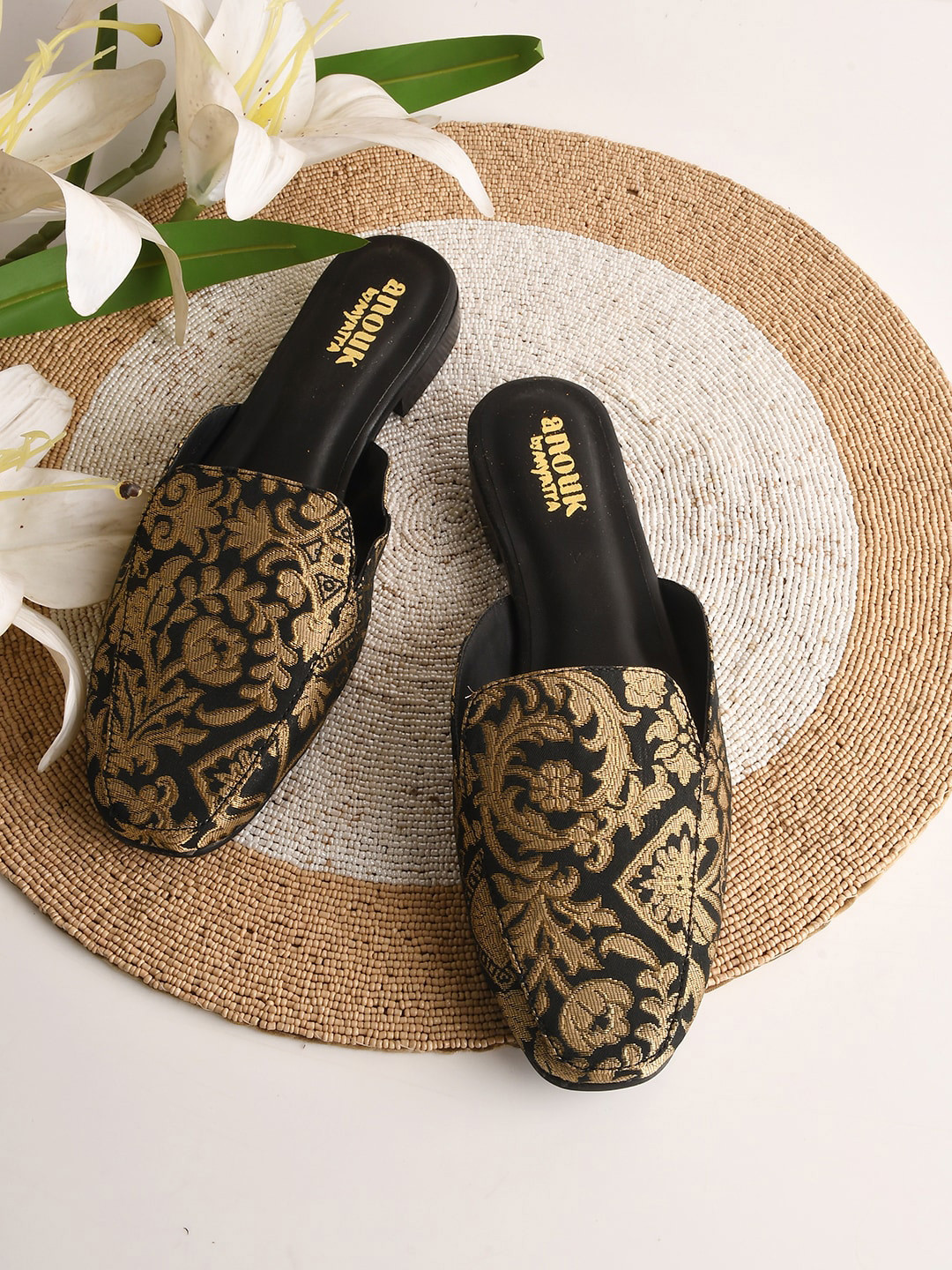 Anouk Women Black & Gold Toned Woven Design Fabric Mules