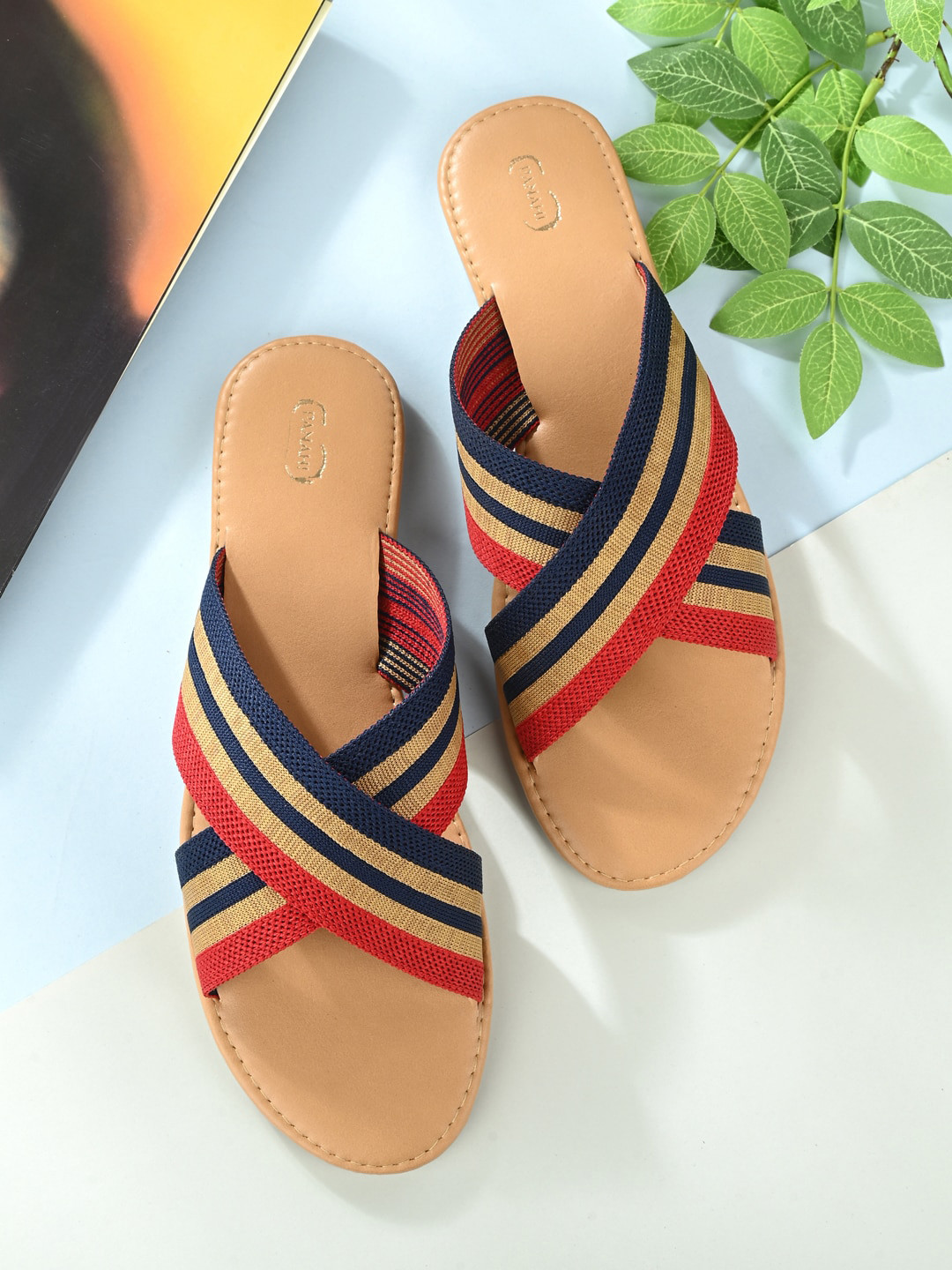 PANAHI Women Striped Cross Strap Open Toe Flats