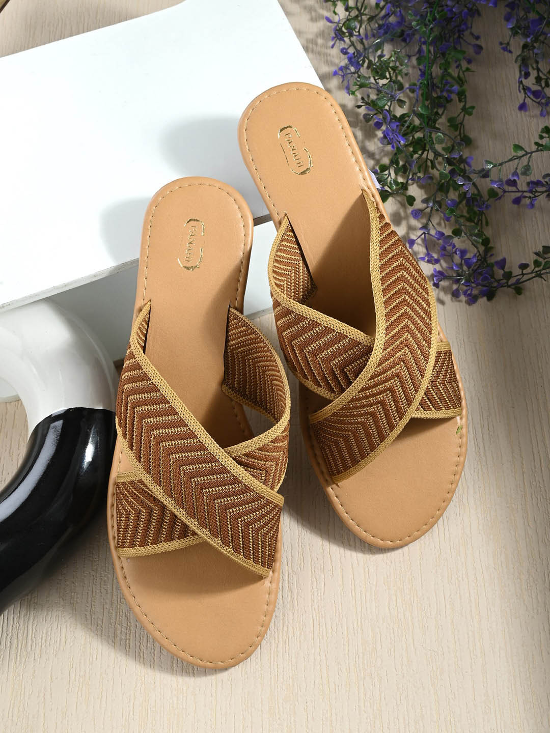 PANAHI Women Woven Design Cross Strap Open Toe Flats