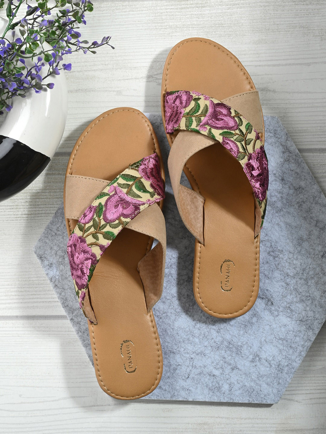 PANAHI Women Cross Strap Embroidered Lace Open Toe Flats