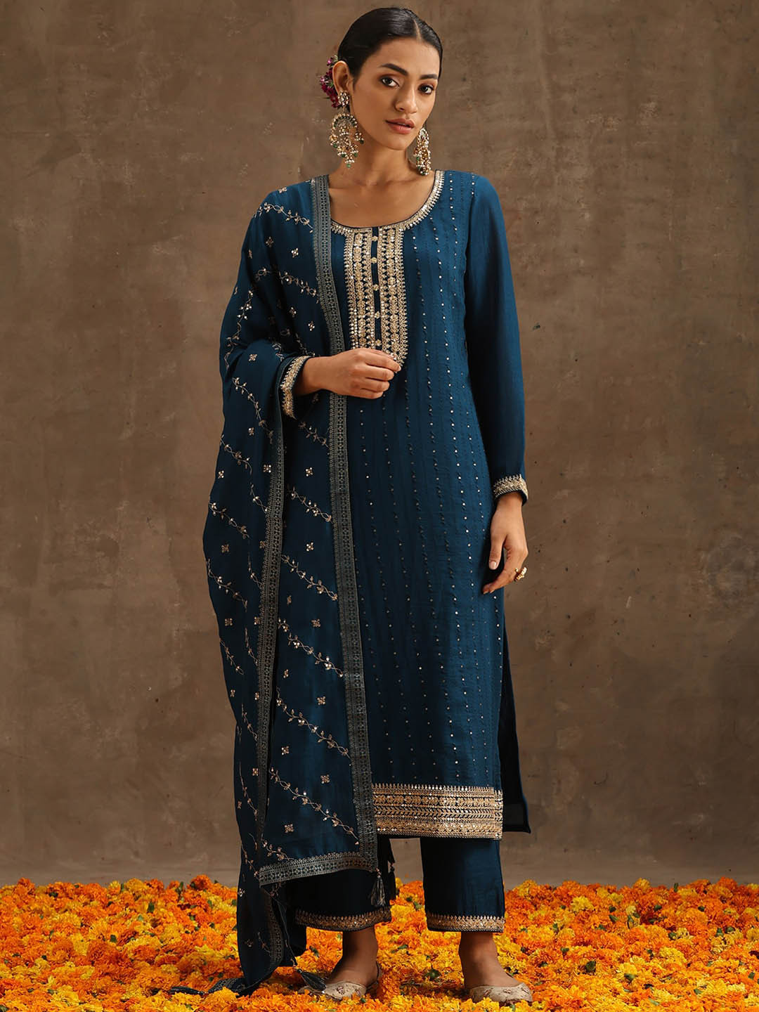Libas Teal & Gold-Toned Ethnic Motifs Embroidered Sequined Kurta with Trousers & Dupatta