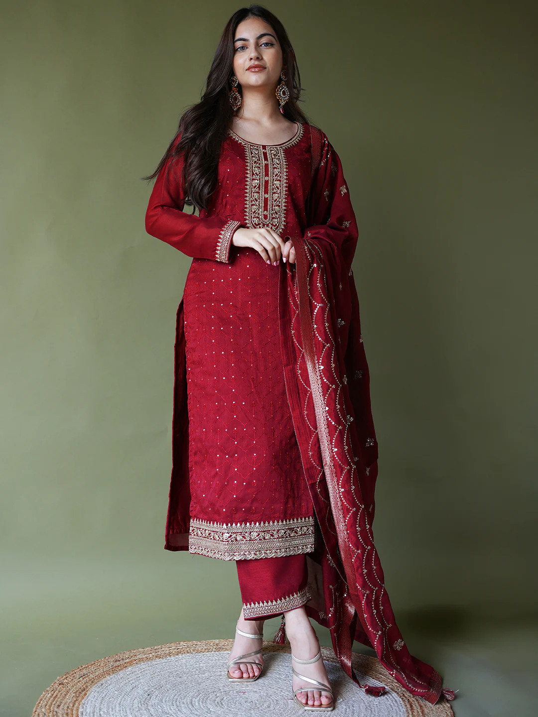 Libas Maroon Floral Embroidered Sequined Kurta With Trousers & Dupatta