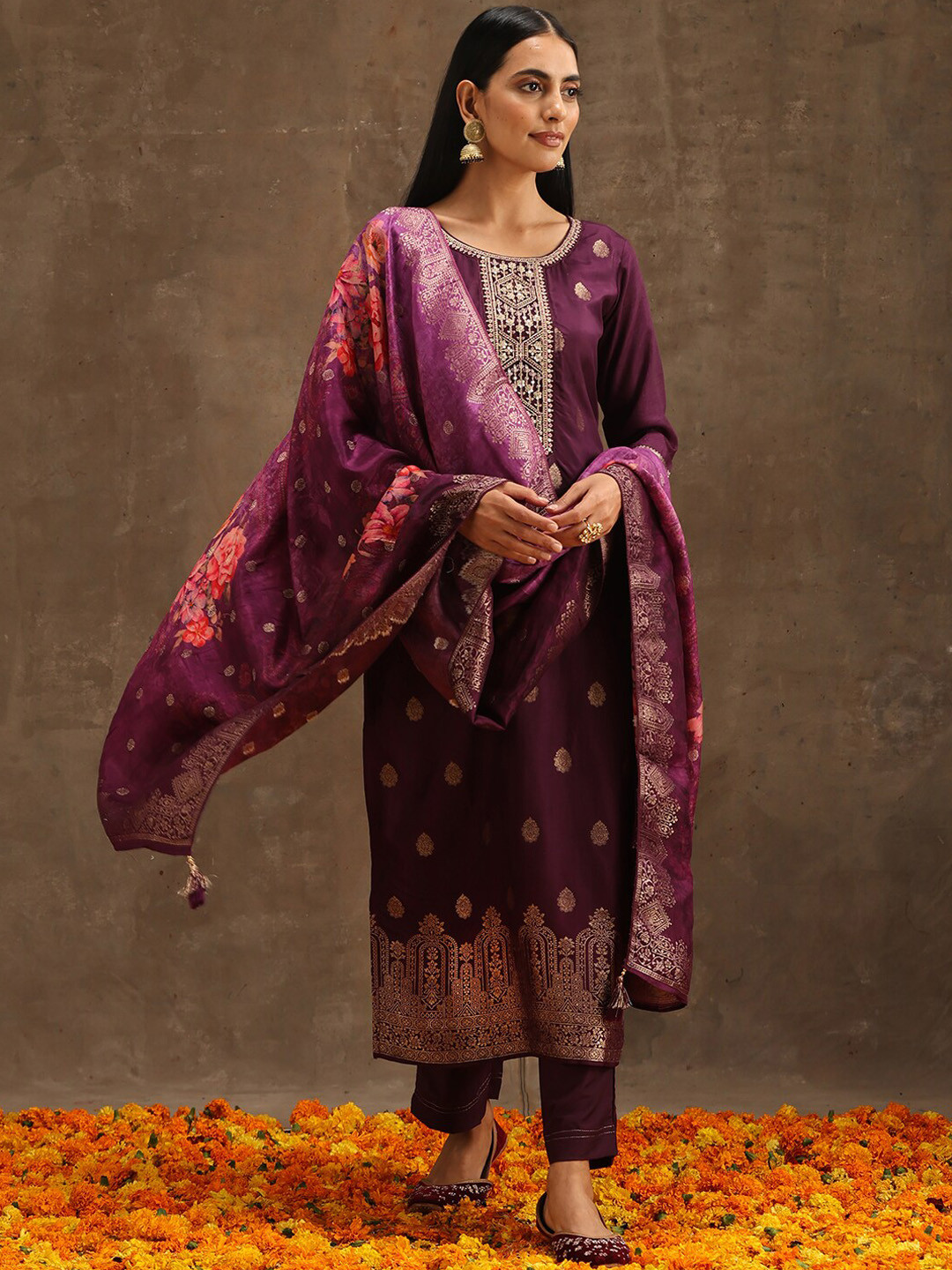 Libas Vilot Floral Pure Silk Kurta With Trousers & Dupatta