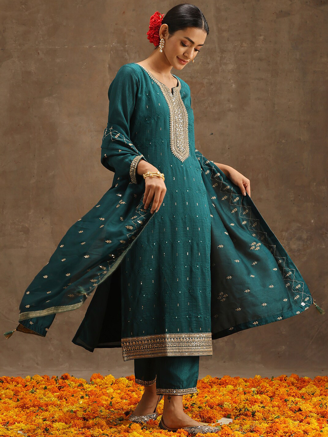Libas Teal Embroidered Straight Kurta With Trousers & Dupatta