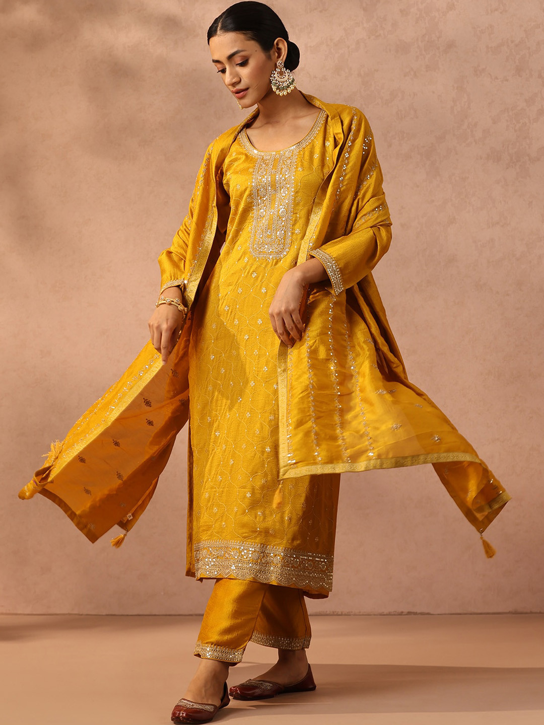 Libas Yellow Ethnic Motifs Embroidered Sequined Kurta with Trousers & With Dupatta