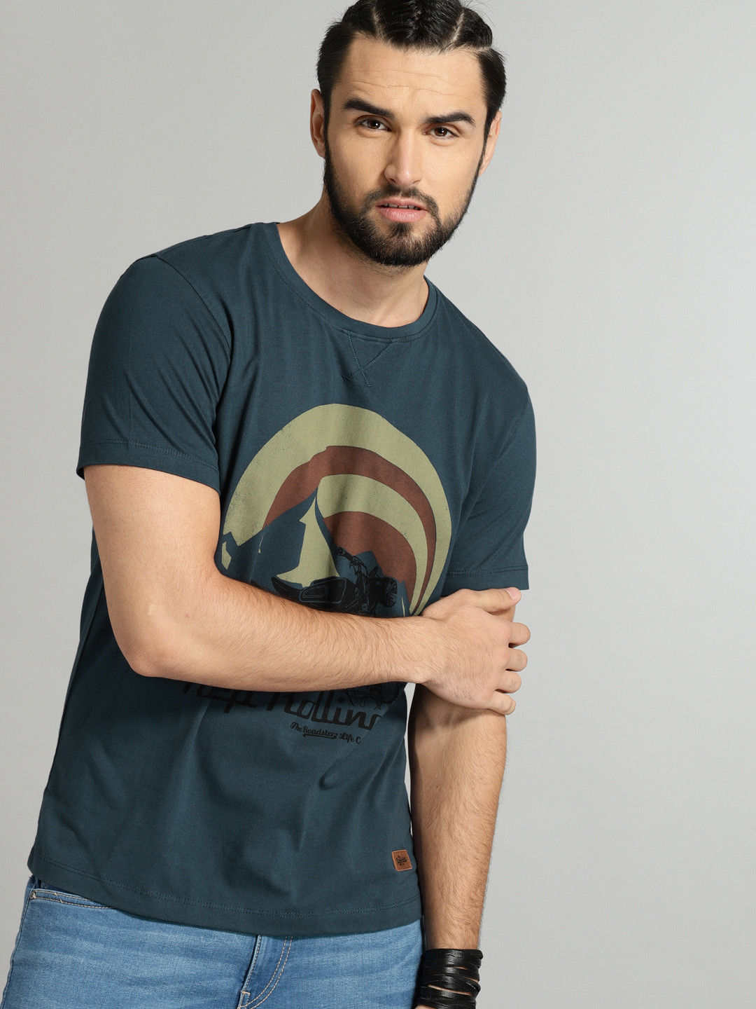 Roadster Time Travel Men Teal Blue Printed Cotton T-shirt