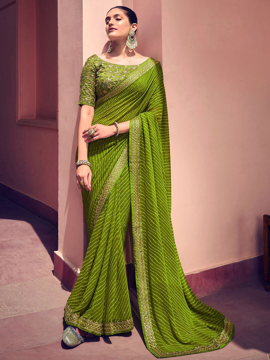 Mitera Green & White Leheriya Printed Embroidered Pure Georgette Leheriya Saree