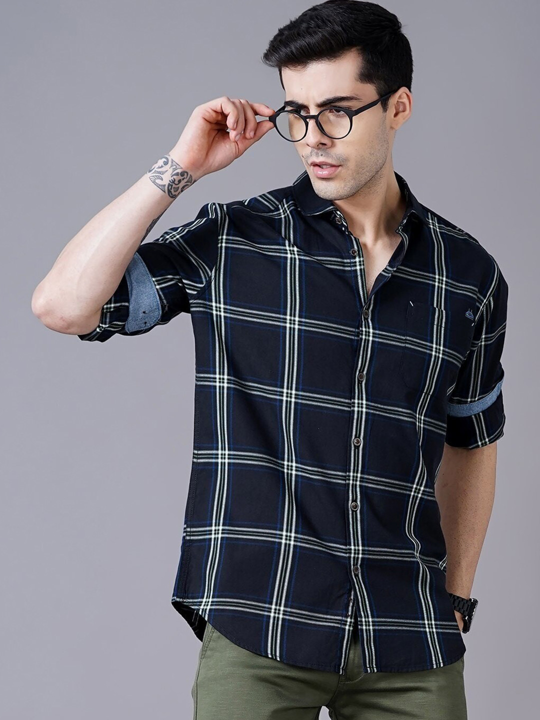 British Club Smart Slim Fit Windowpane Checked Pure Cotton Casual Shirt