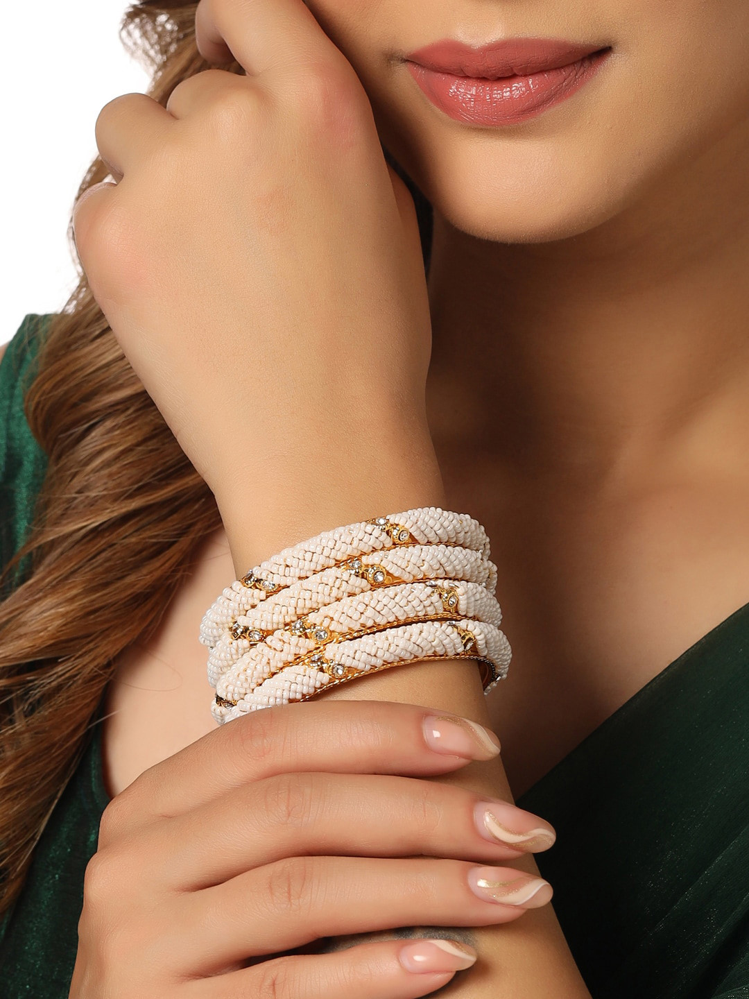 NVR Women Set of 2 Gold Plated Pearl Studded Bangles