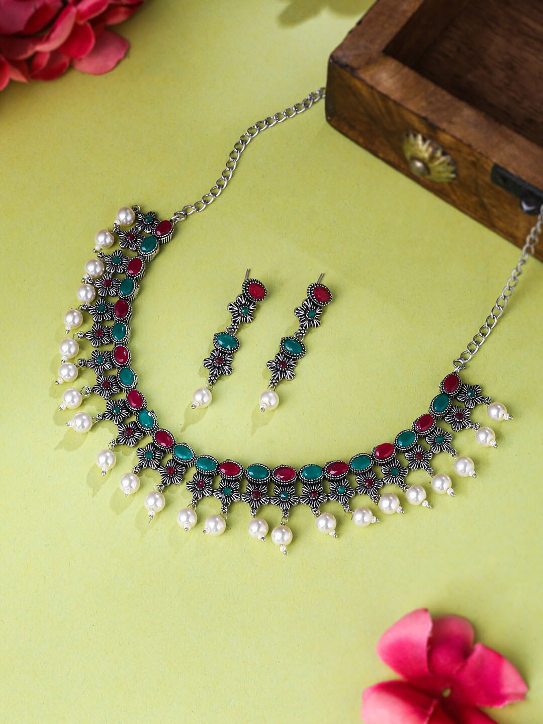 NVR Silver-Plated Stone Studded Oxidised Silver Jewellery Set