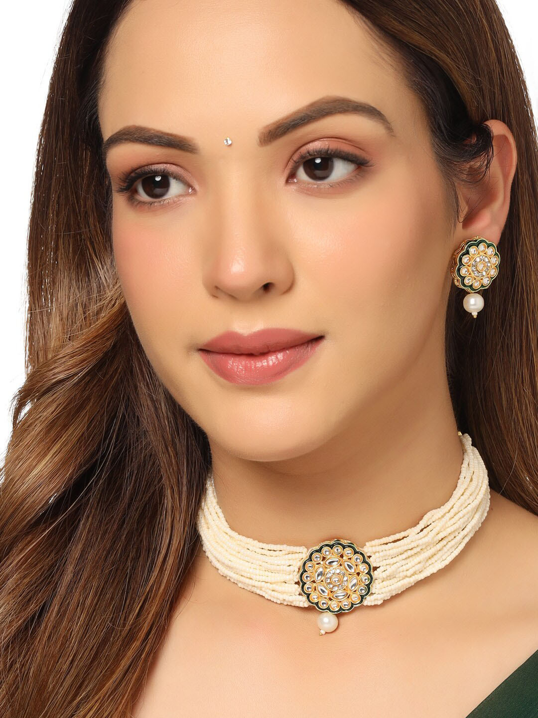 Gold-Plated Green Kundan Studded Jewellery Set Necklace & Earrings