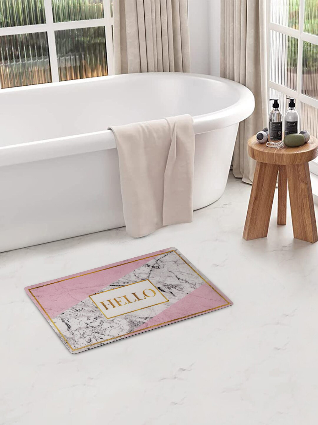 FABINALIV Pink & Grey Abstract Rubber Bath Mat