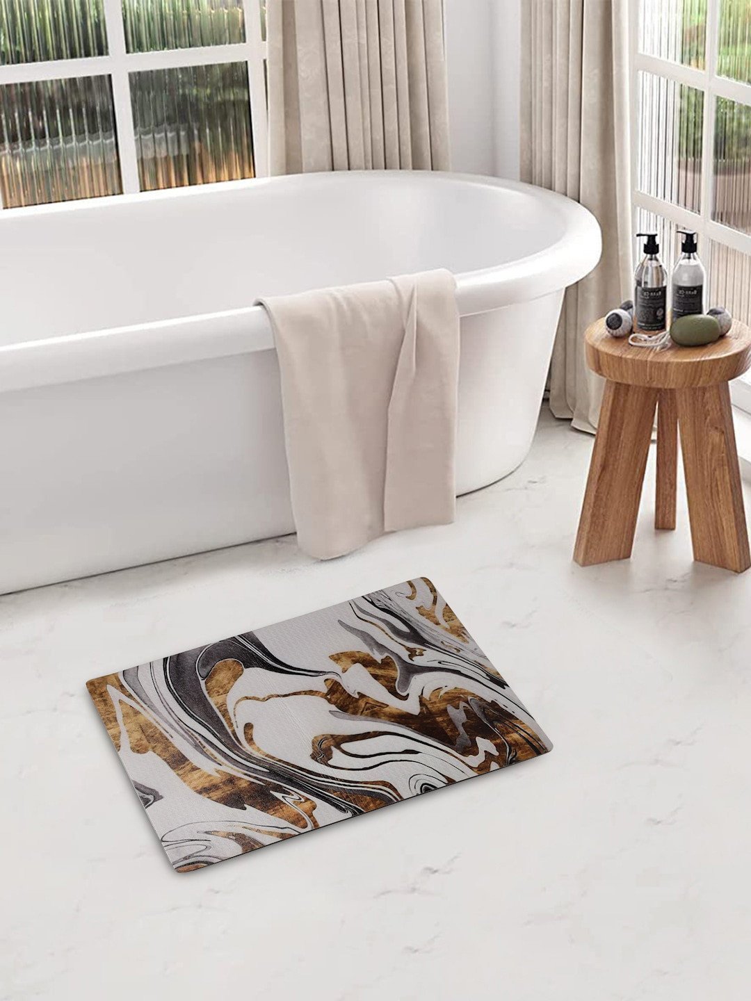 FABINALIV Brown & Red Geometric Cotton Blend Bath Mat