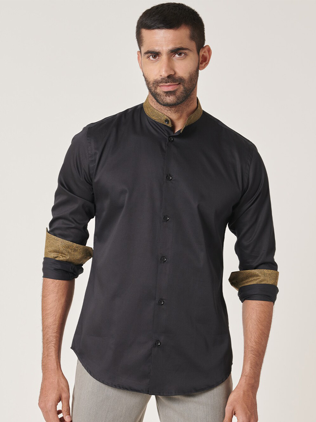 MR BUTTON Band Collar Long Sleeves Slim Fit Casual Cotton Satin Shirt