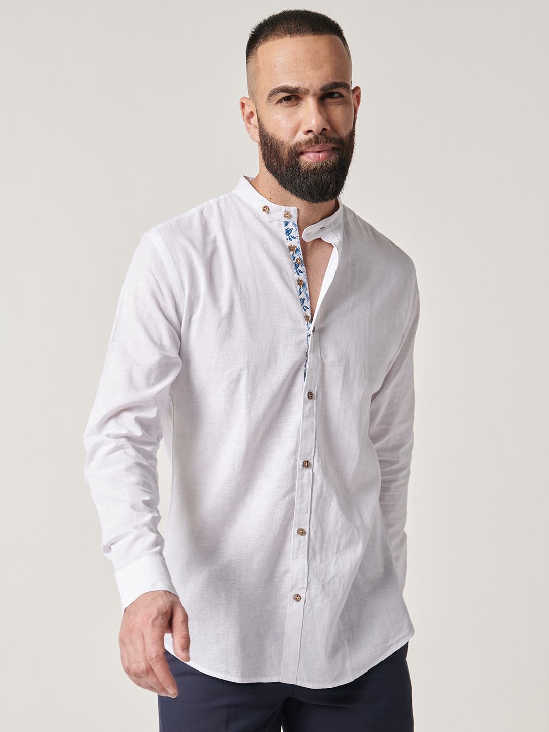 MR BUTTON Band Collar Long Sleeves Slim Fit Casual Cotton Linen Shirt