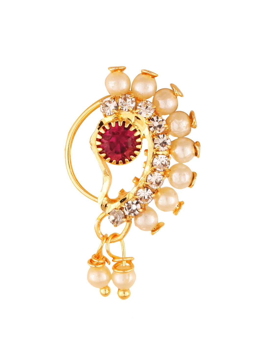 Vighnaharta Gold-Plated Pearls and CZ Studded Non Piercing Maharashtrian Nathiya Nose Pin