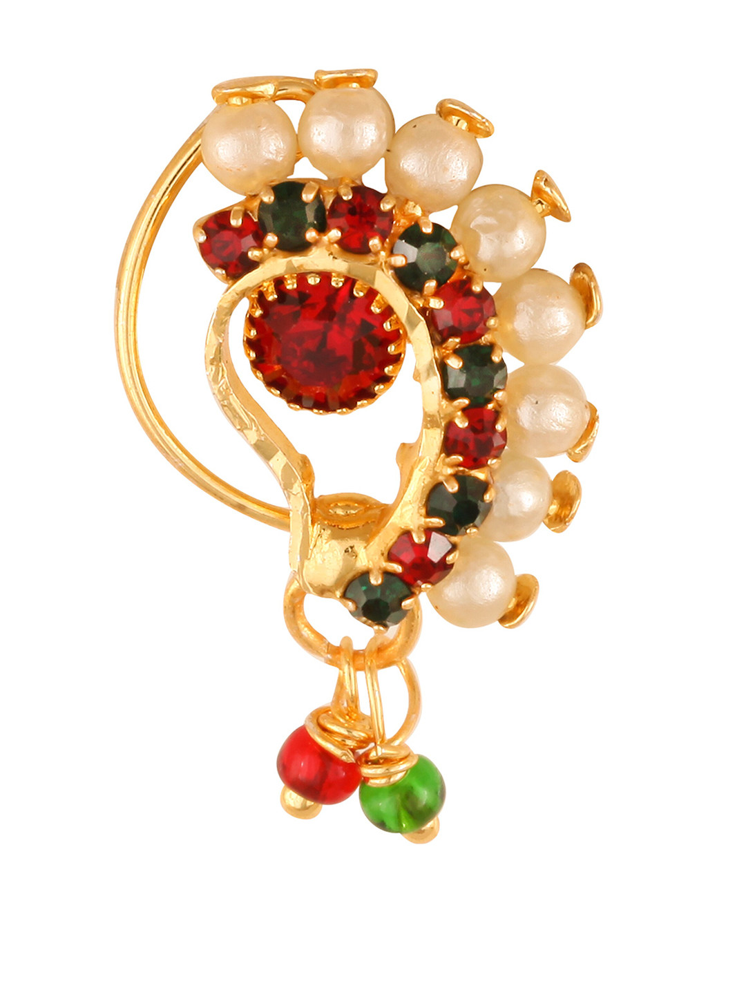 Vighnaharta Gold-Plated Studded and Beaded Non-Piercing Maharashtrian Nath Nosepin