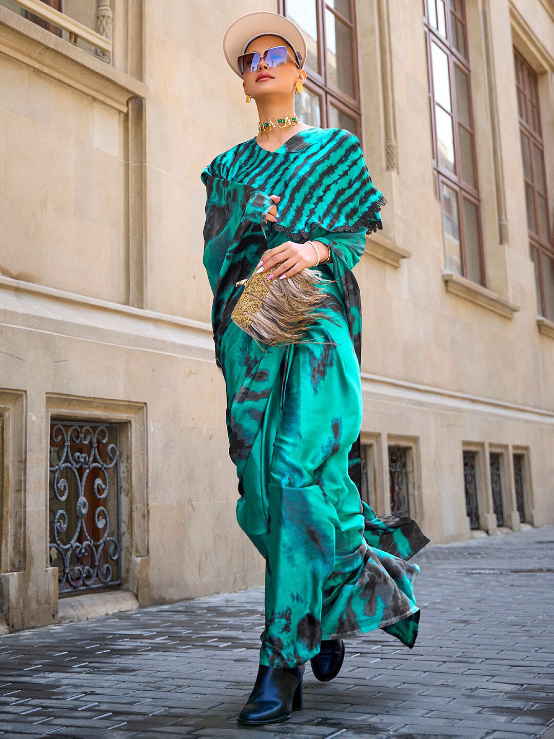 Mitera Teal & Black Tie & Dyed Block Print Saree