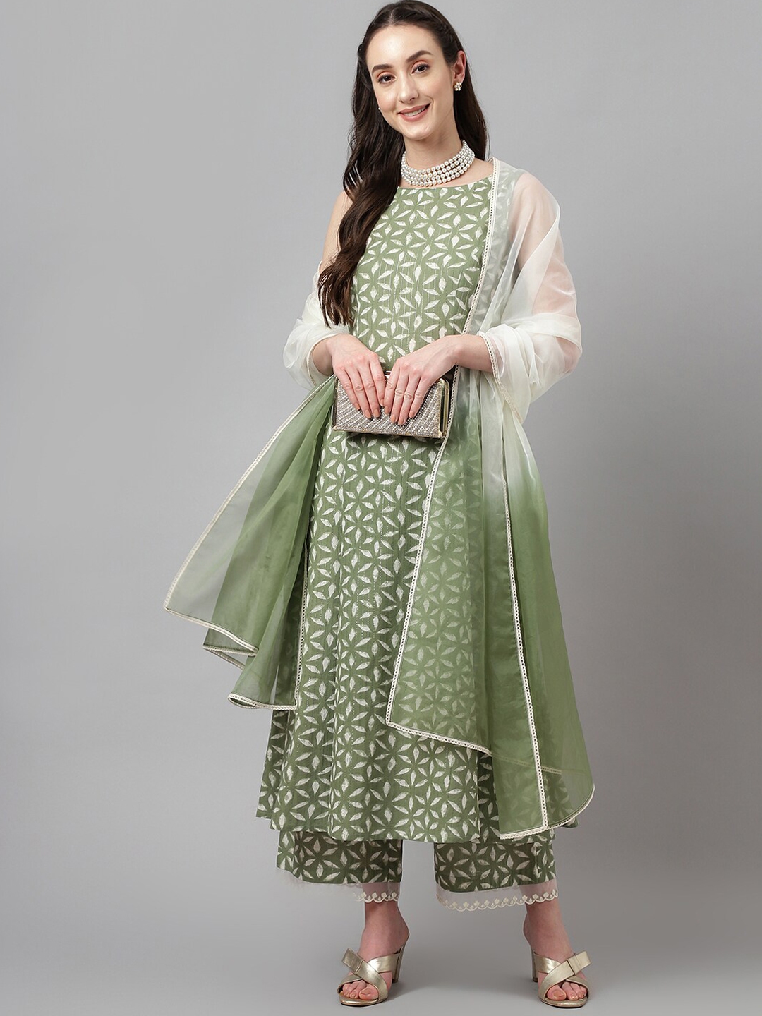 FIORRA Floral Printed Pure Cotton Kurta With Palazzos & With Dupatta - Kurta Sets for Women 23410240 | Myntra