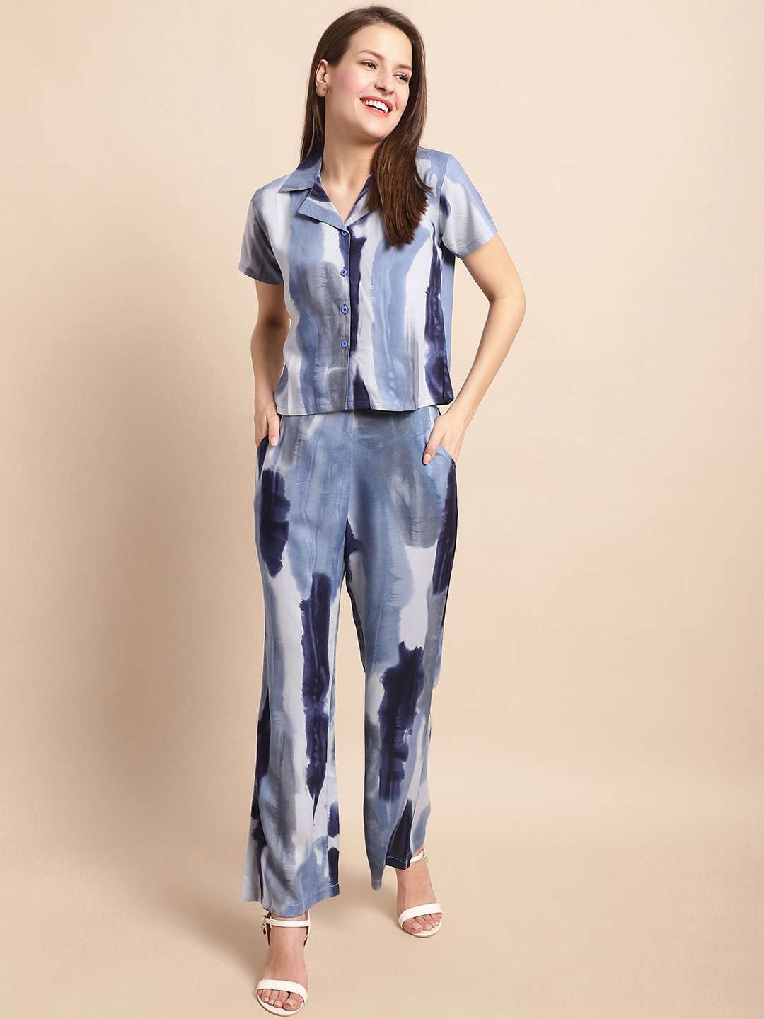 Claura Blue & White Tie & Dye Shirt With Trousers