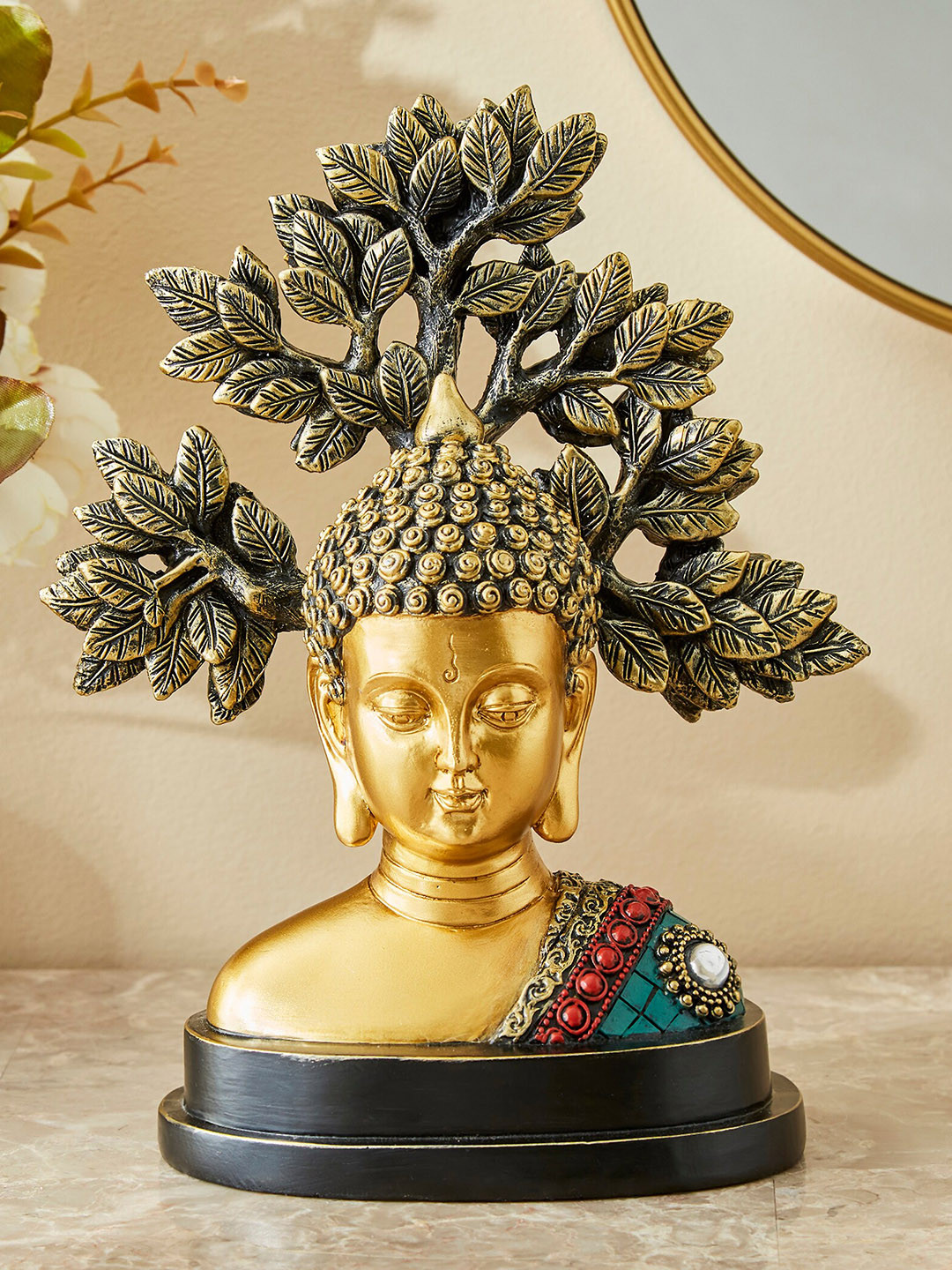 Home Centre Buddha Head with Tree Gold Polyresin Matte Living Room Medium Showpiece - 7.9 Inches
