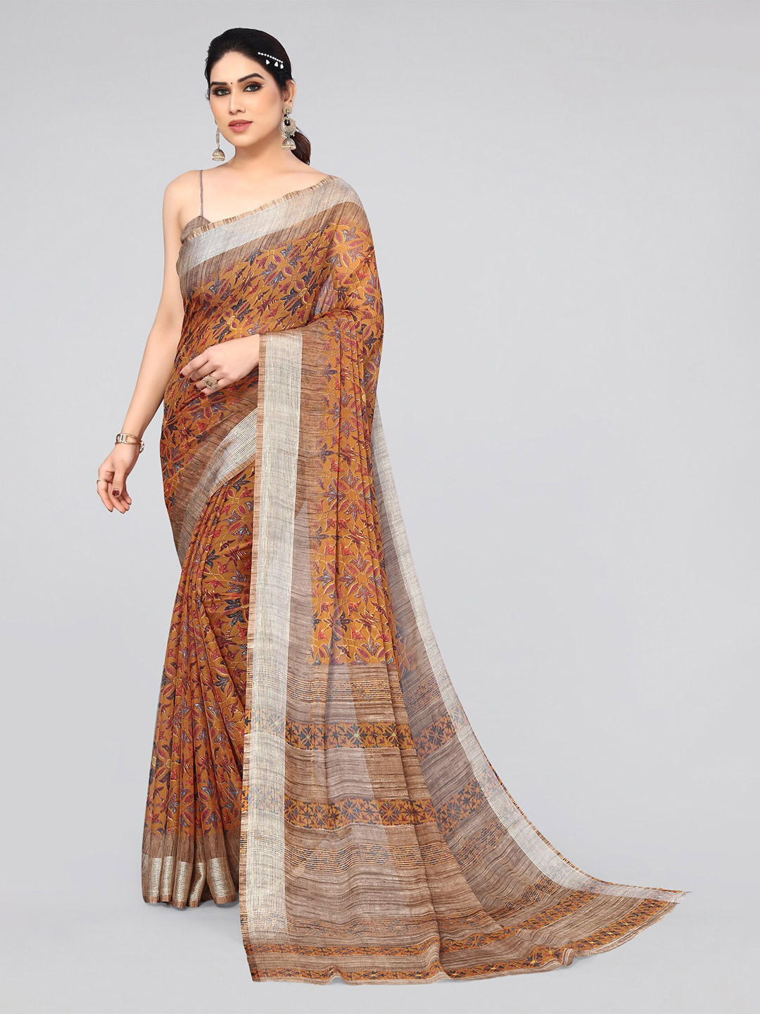 MIRCHI FASHION Mustard Yellow Floral Printed Saree