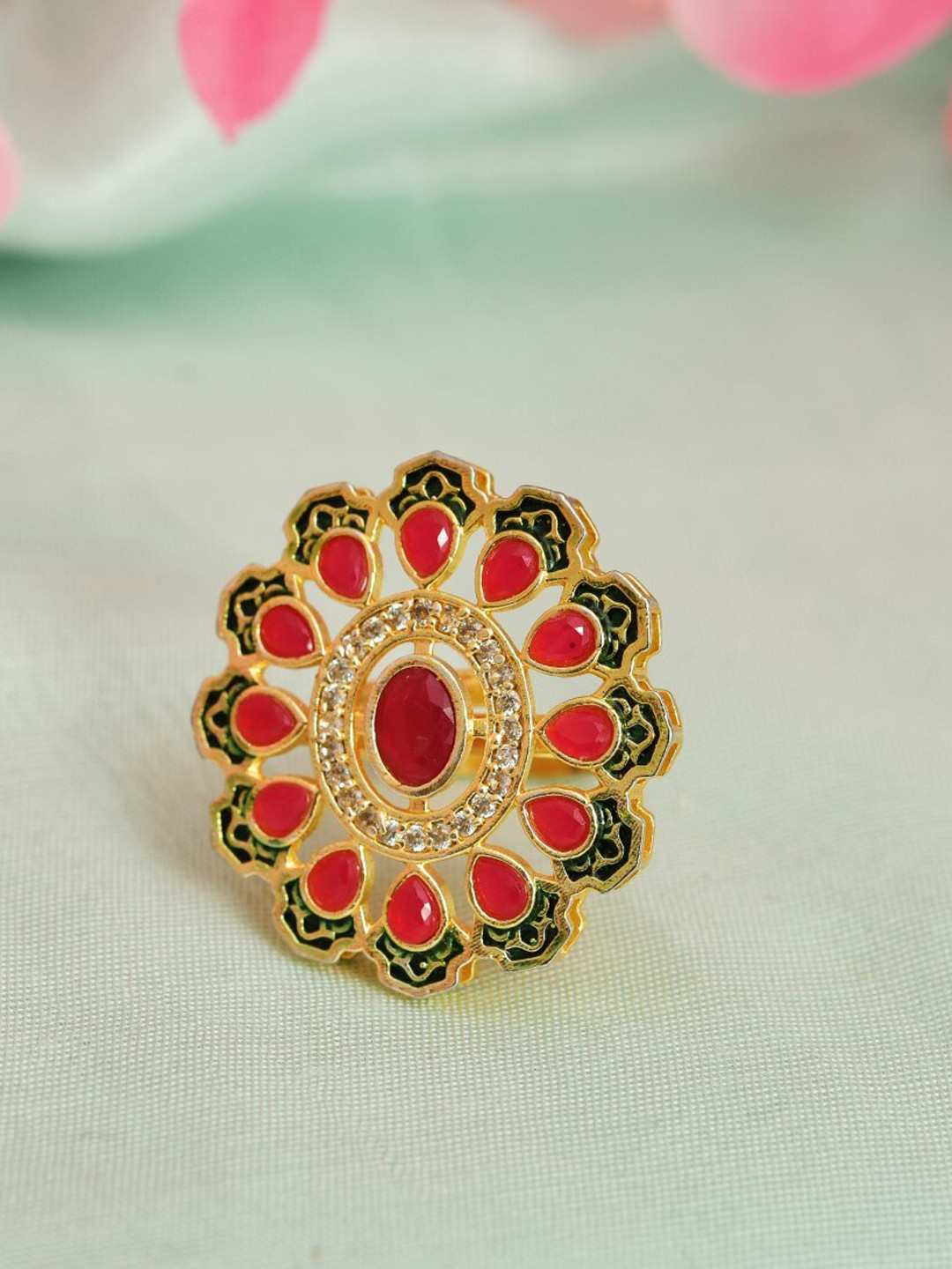 ROHINIKA Gold-Plated Crystal Kundan AD-Studded Adjustable Finger Ring