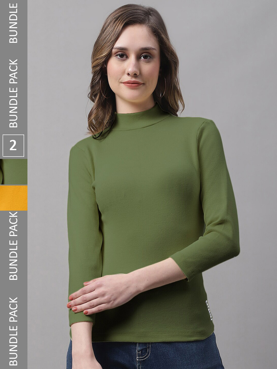 FBAR Pack Of 2 High Neck Three-Quarter Sleeves Cotton Rib Fitted Top