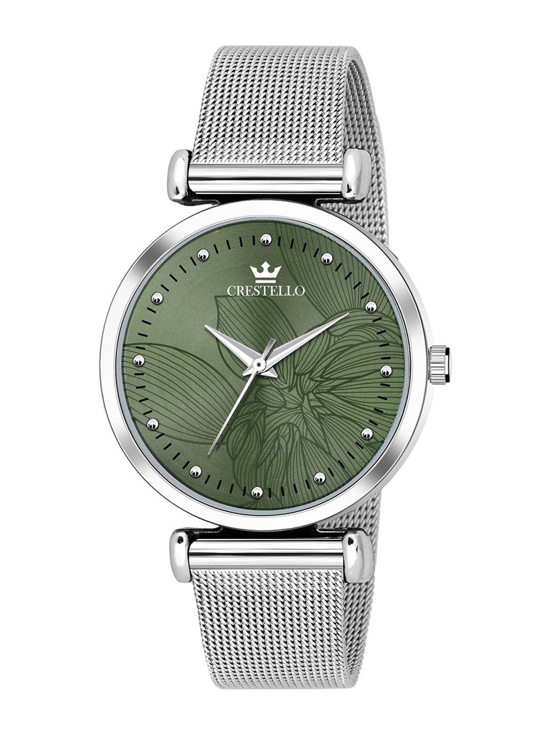 CRESTELLO Men Green Embellished Dial & Silver Toned Stainless Steel Bracelet Style Straps Analogue Watch