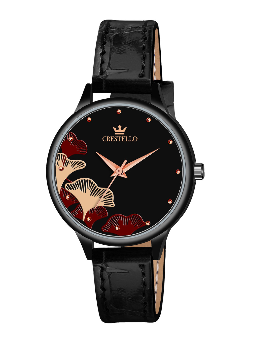 CRESTELLO Embellished Dial &Leather Straps Analogue Watch CR-L128-BLK