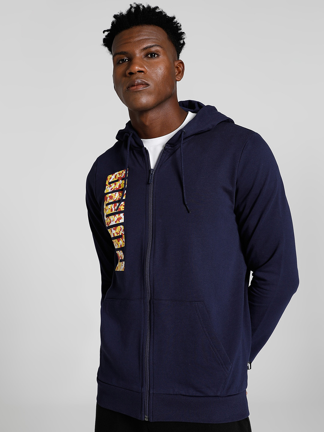 Puma Men Pixelated Logo Printed Coton Slim Fit Hooded Front-Open Sweatshirt