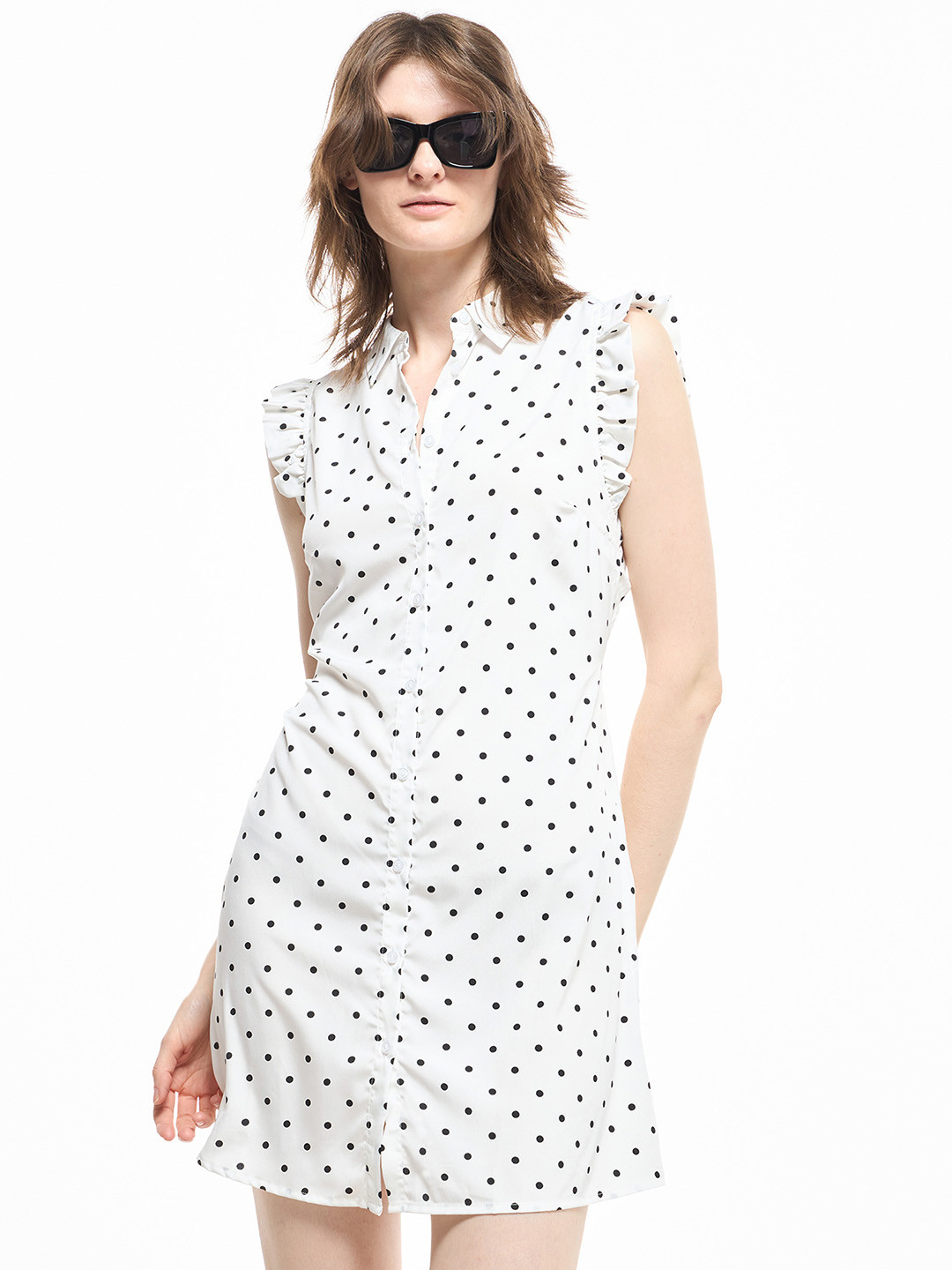TERRANOVA Polka Dot Print Flutter Sleeve Ruffled Shirt Mini Dress