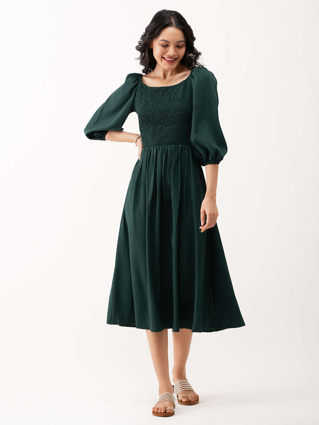 AASK Sold Puff Sleeves Smocked Crepe Casual Fit & Flare Midi Dress