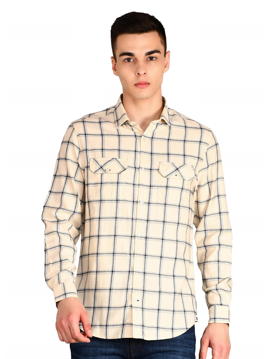 TIM PARIS Standard Windowpane Checked Spread Collar Casual Pure Cotton Shirt