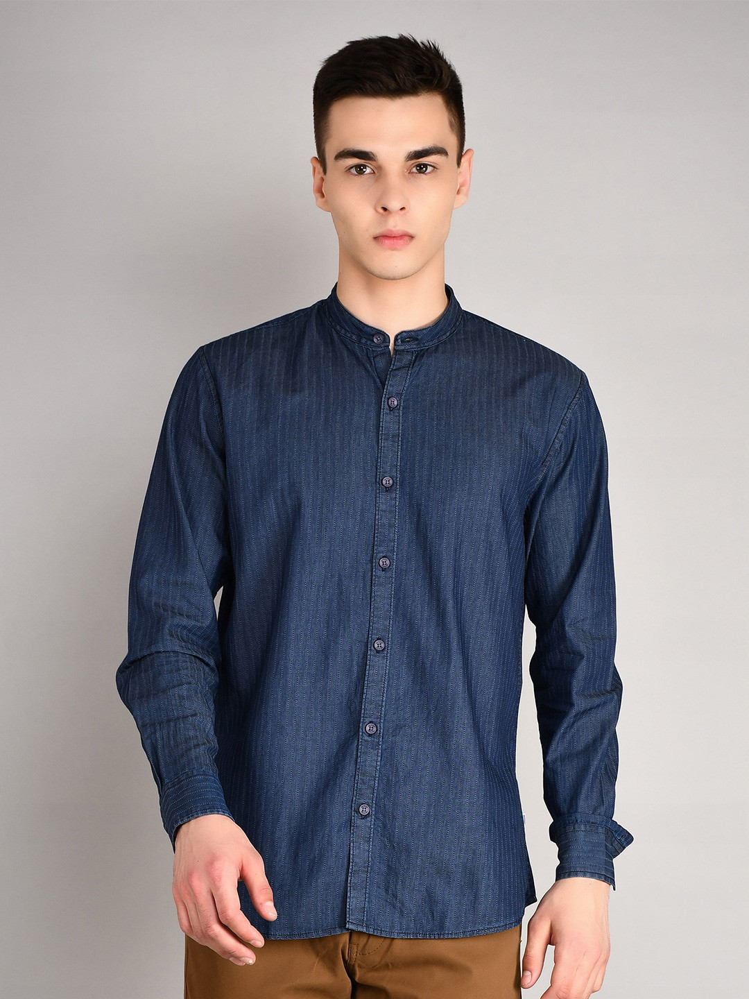 TIM PARIS Band Collar Standard Striped Casual Pure Cotton Shirt