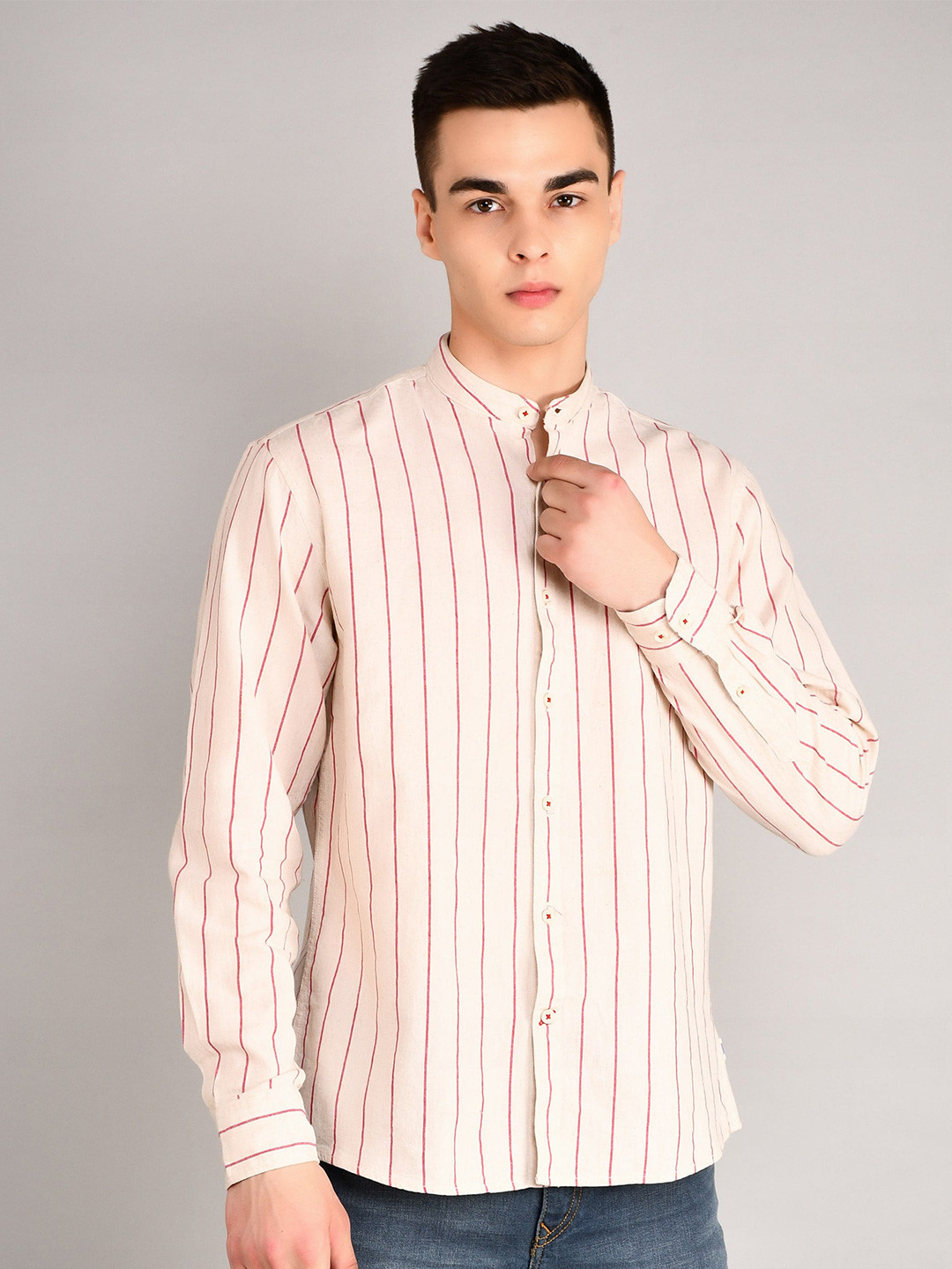 TIM PARIS Band Collar Standard Striped Casual Pure Cotton Shirt