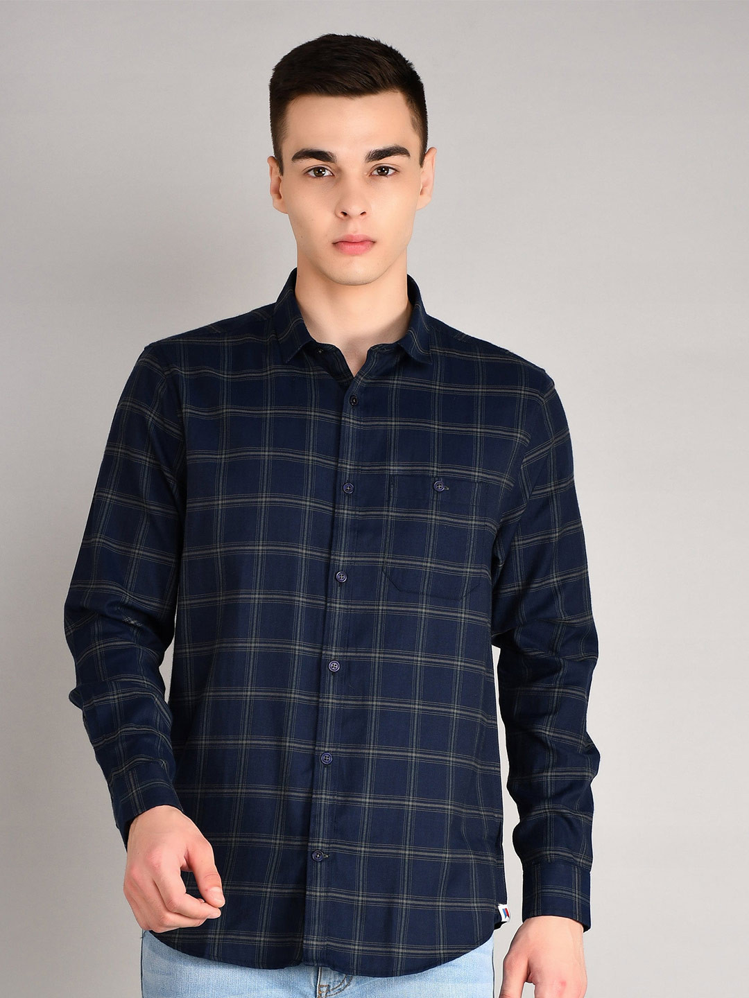 TIM PARIS Standard Windowpane Checked Spread Collar Casual Pure Cotton Shirt